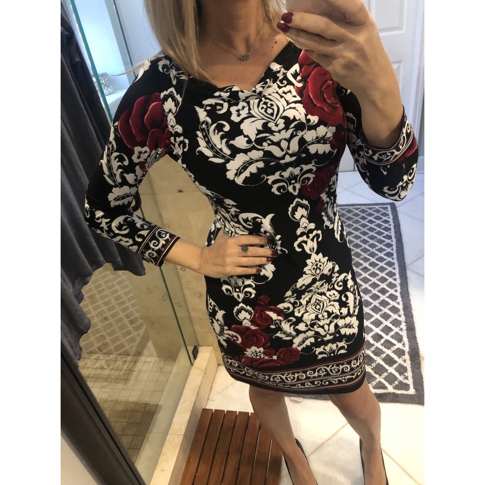 White House Black Market Floral Damask Sheath Dress XS Black Red White Boat Neck